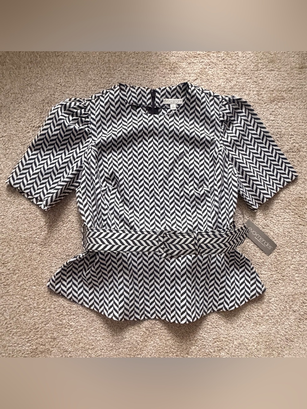 Eva Mendes NY&Co Black & White Chevron Belted Peplum Top - Picture 2 of 13